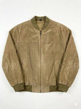 John Ashford Tan Suede Leather Quilted Bomber Jacket L MA-1 Style